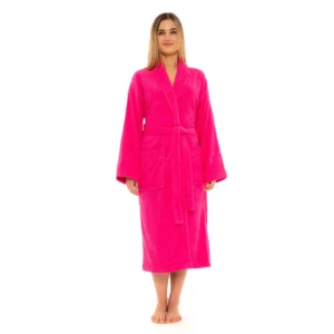 Fuchsia shawl collar cotton towelling bathrobe, front view