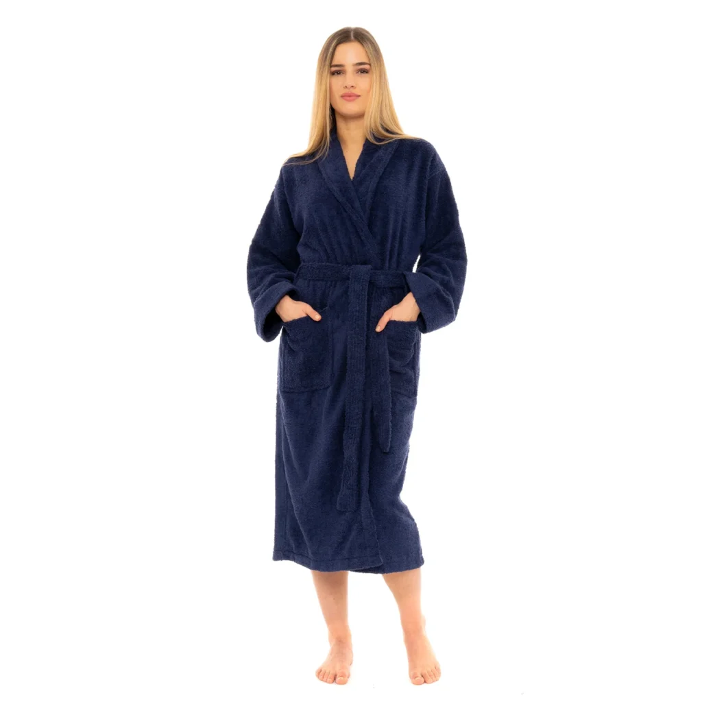 Navy shawl collar cotton towelling bathrobe, front view