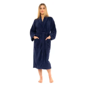 Navy shawl collar cotton towelling bathrobe, front view