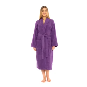 Purple shawl collar cotton towelling bathrobe, front view