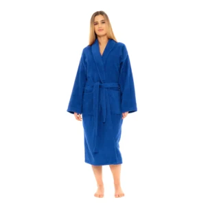 Royal Blue shawl collar cotton towelling bathrobe, front view