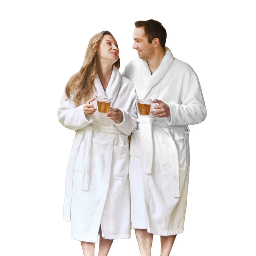 Couple wearing the Cick unisex shawl collar cotton towelling bathrobe