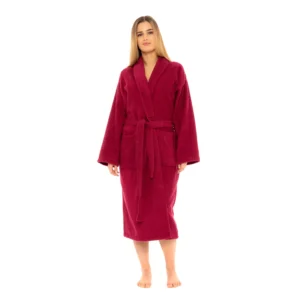 Wine shawl collar cotton towelling bathrobe, front view