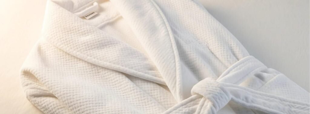 Close-up of white cotton terry towelling robe with shawl collar and belt