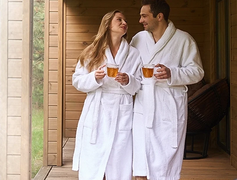 Couple wearing Cick shawl collar cotton bathrobes