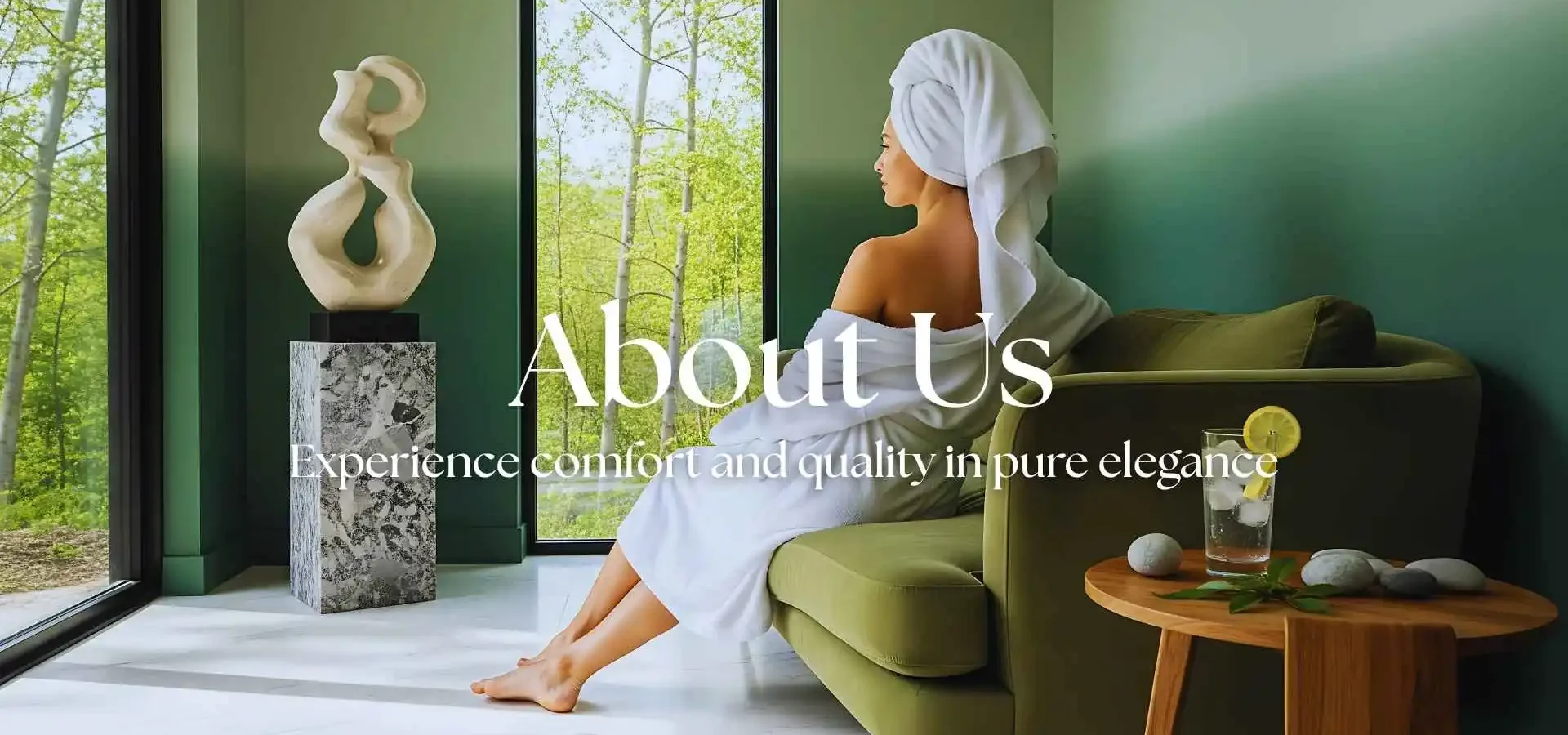 Pure Comfort and Trusted Quality for a Luxurious Lifestyle Woman in a premium towelling bathrobes relaxing on a green velvet chaise lounge in a luxurious, modern room with marble floors.
