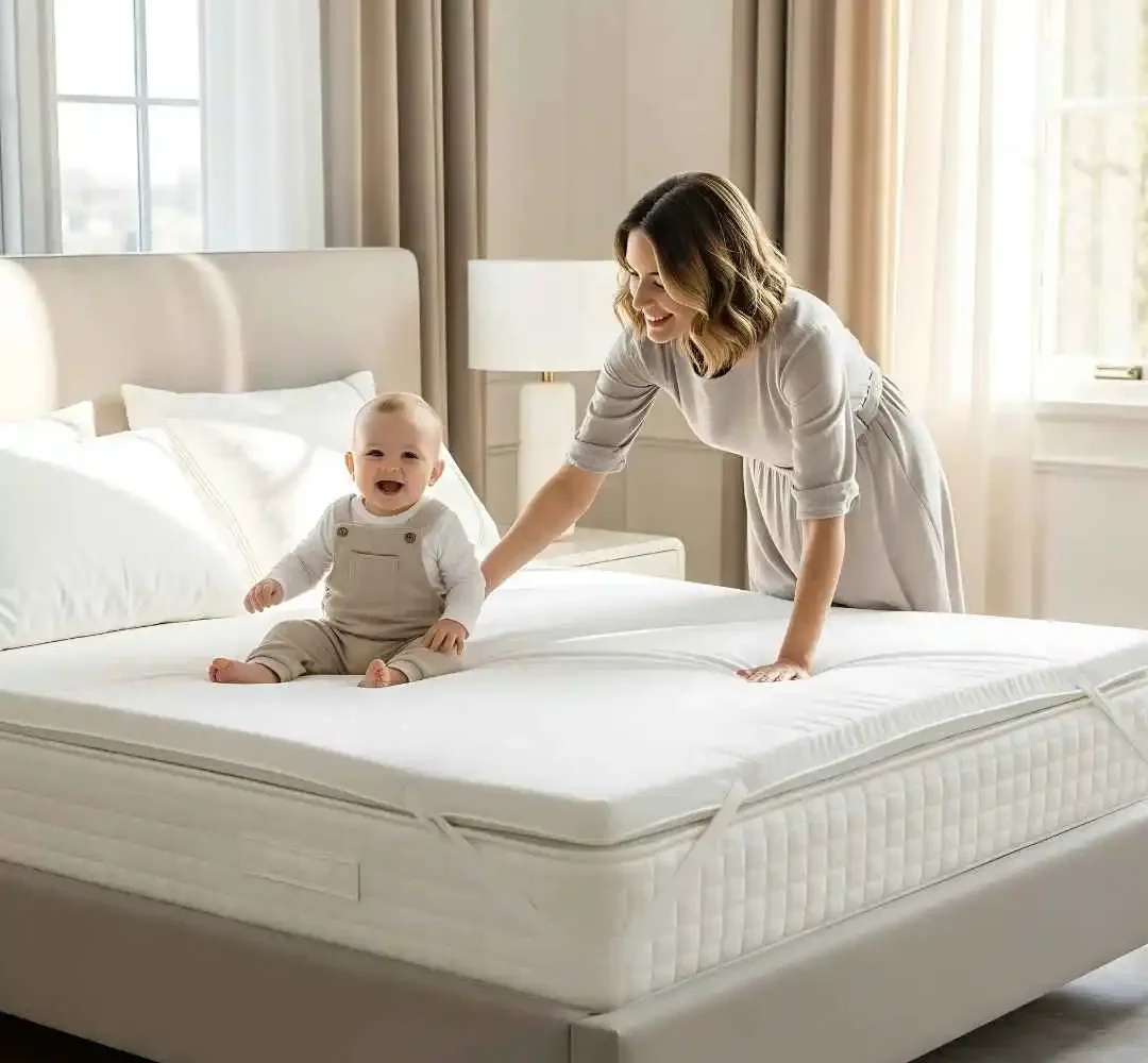 Mother and happy baby on a comfortable white mattress topper, gently checking its softness in a brightly lit bedroom