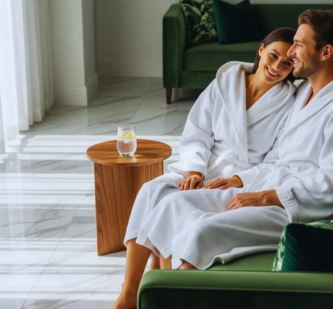 Couple in premium towelling bathrobes enjoying a relaxing moment together on a green sofa, with a glass of lemon water on a wooden side table in a modern, luxurious setting